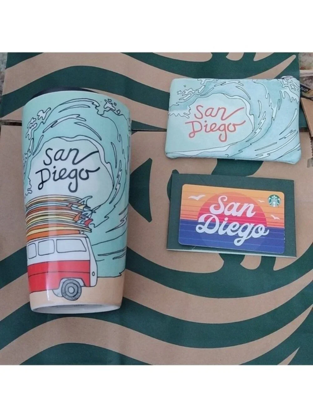 Starbucks San Diego Porcelain Travel Mug+ Zippered Wave Pouch + Blank GC